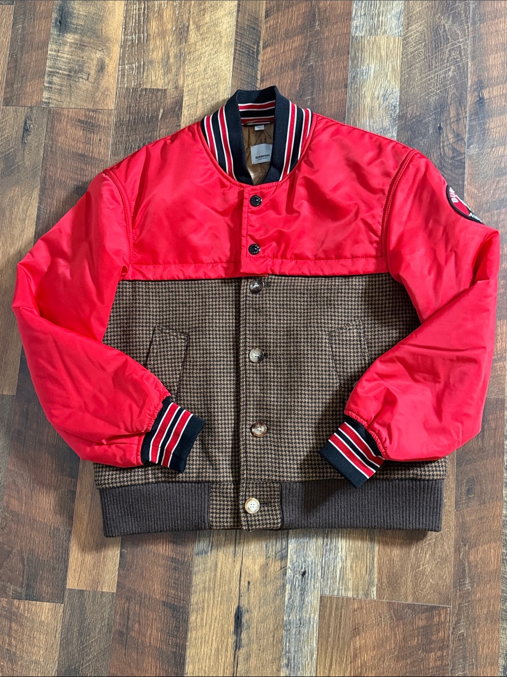Burberry Track Top Panel Wool Bomber Jacket Red Brown Varsity Size 46 Like New